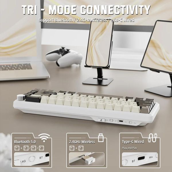 Механічна бездротова (Bluetooth + 2,4G) клавіатура з HOT SWAP Attack SHARK X66, PBT Keycaps, 66 key, RGB, Win,Mac OS, УКР та АНГЛ, WHITE/БІЛА (X66W) X66W фото