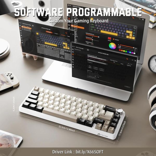 Механічна бездротова (Bluetooth + 2,4G) клавіатура з HOT SWAP Attack SHARK X66, PBT Keycaps, 66 key, RGB, Win,Mac OS, УКР та АНГЛ, WHITE/БІЛА (X66W) X66W фото