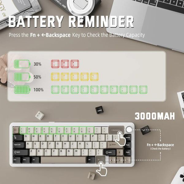 Механічна бездротова (Bluetooth + 2,4G) клавіатура з HOT SWAP Attack SHARK X66, PBT Keycaps, 66 key, RGB, Win,Mac OS, УКР та АНГЛ, WHITE/БІЛА (X66W) X66W фото