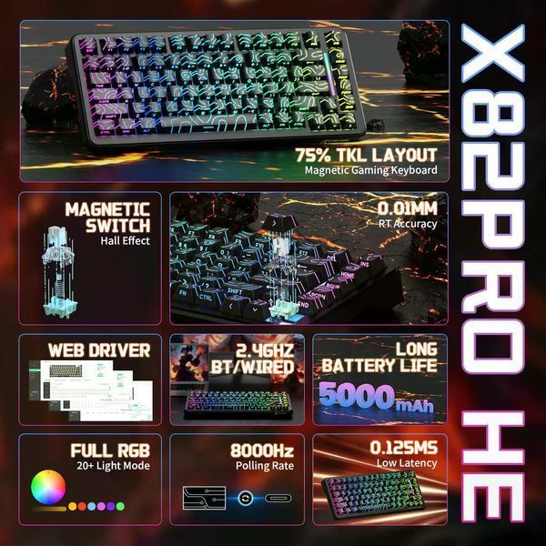 Механічна бездротова (Bluetooth + 2,4G) клавіатура на магнітних світчах Attack SHARK X82PRO HE, 82 key, RGB, 8K, Win/Mac OS, УКР/АНГЛ, Black Contours/Чорний (X82PROHEBC) X82PROHEBC фото