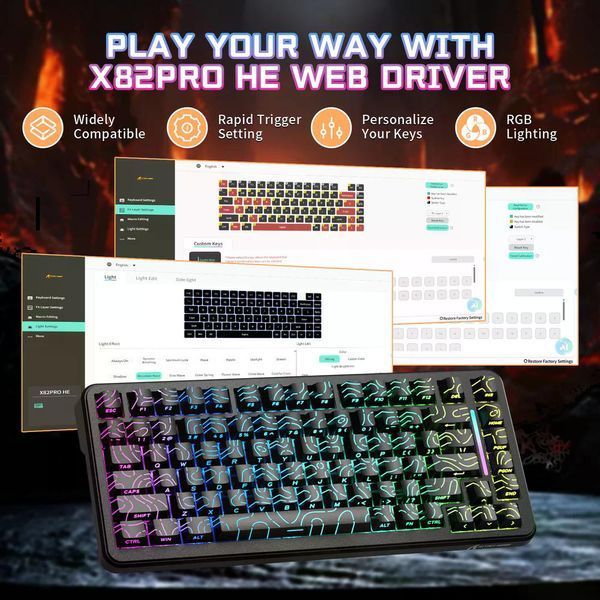 Механічна бездротова (Bluetooth + 2,4G) клавіатура на магнітних світчах Attack SHARK X82PRO HE, 82 key, RGB, 8K, Win/Mac OS, УКР/АНГЛ, Black Contours/Чорний (X82PROHEBC) X82PROHEBC фото