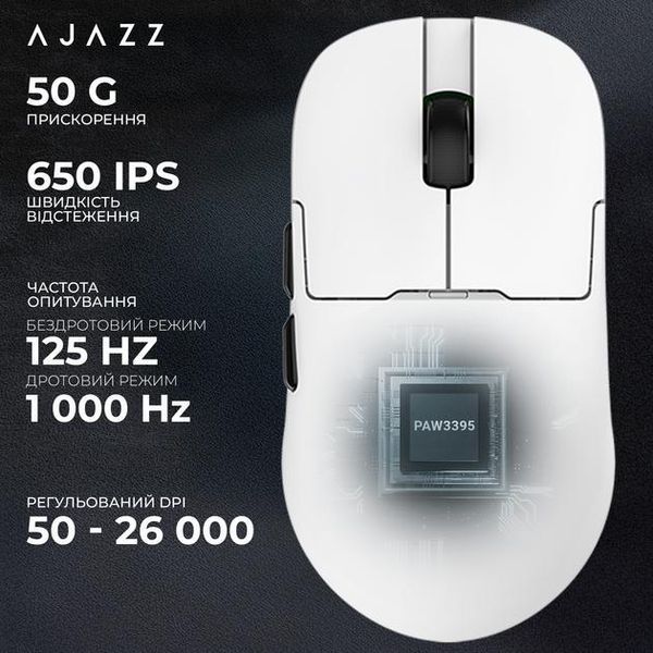 Бездротова (Bluetooth + 2,4G) ігрова миша AJAZZ AJ159 PRO, PAW3395, 26000 DPI, WHITE/БІЛА (AJ159PROW) AJ159PROW фото