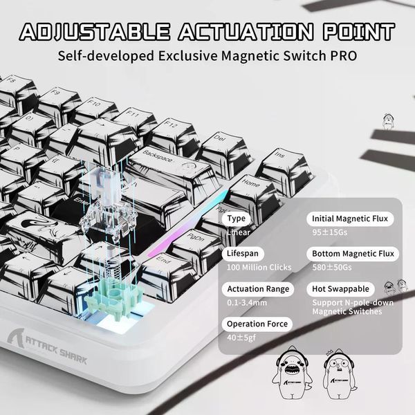 Механічна бездротова (Bluetooth + 2,4G) клавіатура на магнітних світчах Attack SHARK X82PRO HE, 82 key, RGB, 8K, Win/Mac OS, УКР/АНГЛ, Comic White/Білий (X82PROHECW) X82PROHECW фото