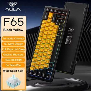 Механічна бездротова (Bluetooth + 2,4G) клавіатура з HOT SWAP AULA F65 RGB 67 Key, WIN/MAC УКР/АНГЛ BLACK/YELLOW (F65BY) F65BY фото