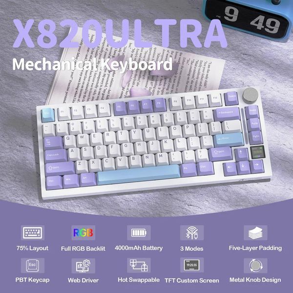 Механічна бездротова (Bluetooth + 2,4G) клавіатура з HOT SWAP Attack SHARK X820Ultra, 80 key, RGB, gift switch, Win/Mac OS, УКР/АНГЛ, Star White/Білий (X820ULTRASW) X820ULTRASW фото