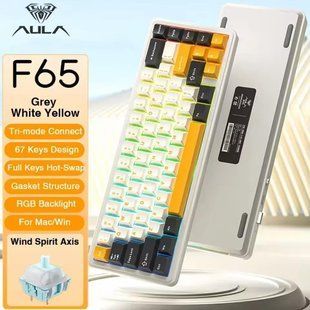 Механічна бездротова (Bluetooth + 2,4G) клавіатура з HOT SWAP AULA F65 RGB 67 Key, WIN/MAC УКР/АНГЛ WHITE/YELLOW (F65WY) F65WY фото