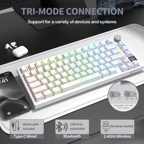 Механічна бездротова (Bluetooth + 2,4G) клавіатура з HOT SWAP Attack SHARK X820Ultra, 80 key, RGB, Shark Switch, Win/Mac OS, УКР/АНГЛ, White/Білий (X820ULTRAW) X820ULTRAW фото