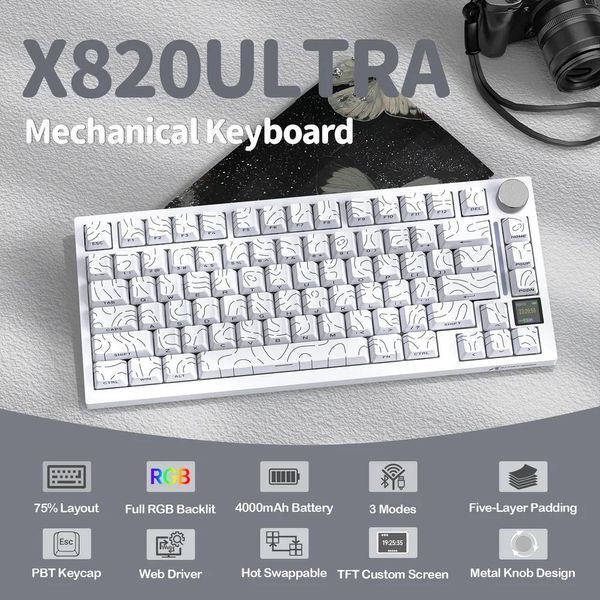 Механічна бездротова (Bluetooth + 2,4G) клавіатура з HOT SWAP Attack SHARK X820Ultra, 80 key, RGB, Shark Switch, Win/Mac OS, УКР/АНГЛ, White/Білий (X820ULTRAW) X820ULTRAW фото