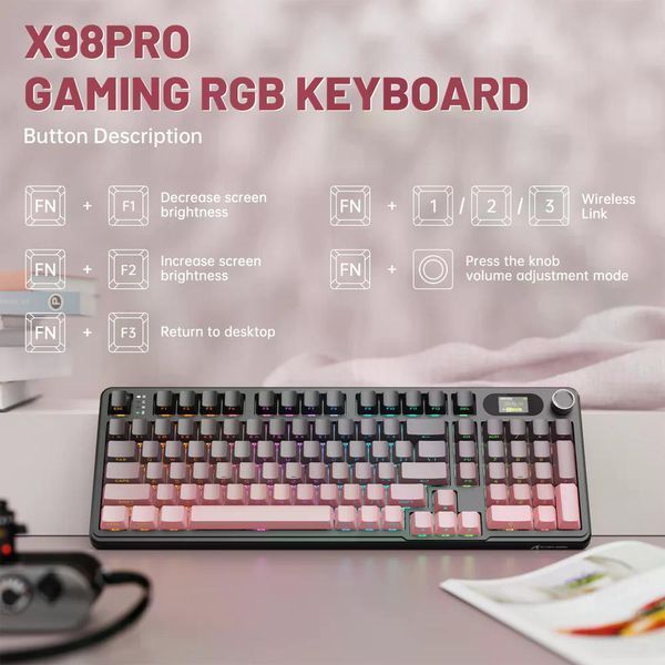 Механічна бездротова (Bluetooth + 2,4G) клавіатура з HOT SWAP Attack SHARK X98PRO, RGB, Win/Mac OS, УКР/АНГЛ, Pink (X98PROPINK) X98PROPINK фото