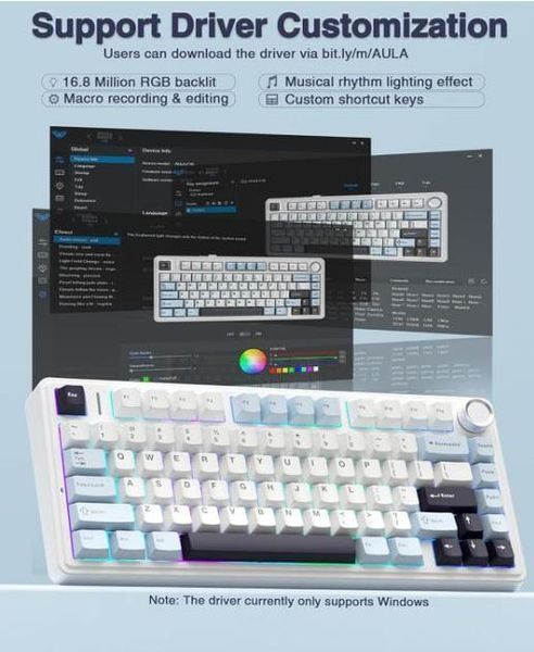 Механічна бездротова (Bluetooth + 2,4G) клавіатура з HOT SWAP AULA F75 RGB Reaper switch Mac/Win УКР/АНГЛ WHITE/GREEN (F75WG) F75WG фото