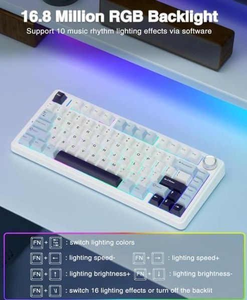 Механічна бездротова (Bluetooth + 2,4G) клавіатура з HOT SWAP AULA F75 RGB Reaper switch Mac/Win УКР/АНГЛ WHITE/GREEN (F75WG) F75WG фото