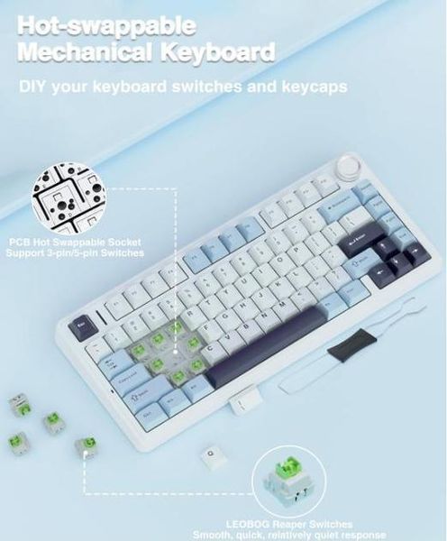 Механічна бездротова (Bluetooth + 2,4G) клавіатура з HOT SWAP AULA F75 RGB Reaper switch Mac/Win УКР/АНГЛ WHITE/GREEN (F75WG) F75WG фото