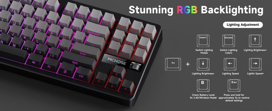 Механічна бездротова (Bluetooth + 2,4G) клавіатура з HOT SWAP MCHOSE G87, 87 Key, RGB, Win/Mac OS, УКР/АНГЛ, PINK (MC-G87-1) MC-G87-1 фото