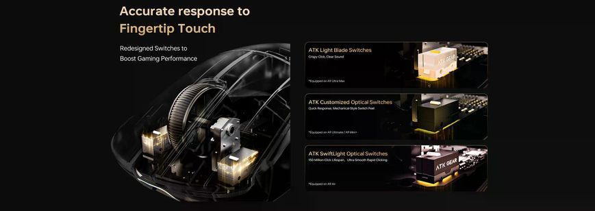 Геймерська акумуляторна бездротова (2,4G) миша ATK A9 Ultimate, PAW3950 Ultra, Nordic 54L15, ATK customized optical Switches, TTC Gold, 8K, Black/Чорний (A9UB) A9UB фото
