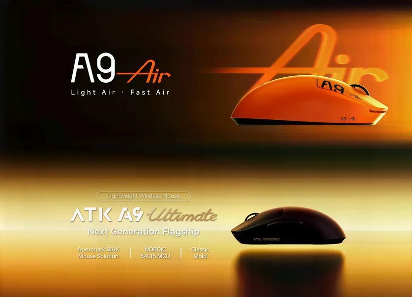 Геймерська акумуляторна бездротова (2,4G) миша ATK A9Air, PAW3950 Ultra, Nordic 54L15, ATK customized optical Switches, TTC Gold, 8K, Black/Чорна (A9AB) A9AB фото