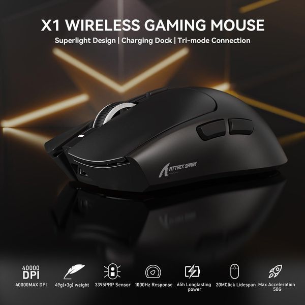 Attack Shark X1 Tri-mode Gaming Mouse With Touchpad RGB Charging Dock PAW3395PRO Sensor BLACK/ЧОРНА X1-3395PB фото