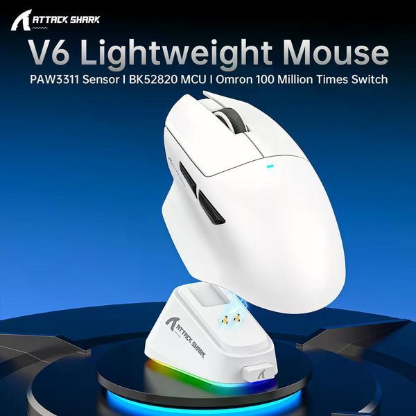 Геймерська акумуляторна бездротова (Bluetooth + 2,4G) миша Attack Shark V6 Ultra-Light, Magnetic Charging Dock, PixArt PAW3311 Біла/White (V6ULTRAW) V6ULTRAW фото
