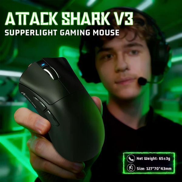 Геймерська акумуляторна бездротова (Bluetooth + 2,4G) миша Attack Shark V3PRO Ultra-Light, PixArt PAW3311 Чорна/Black (V3PROB) V3PROB фото
