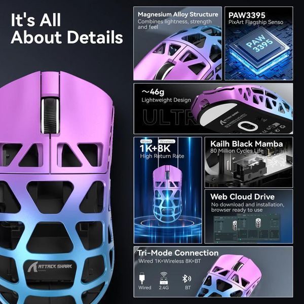 Attack Shark R3 Magnesium Alloy Gaming Mouse 8K Purple Blue R3-3395P фото