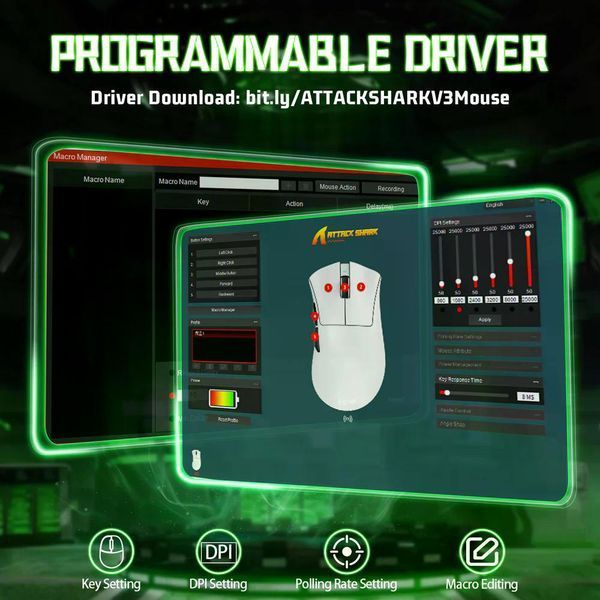 Геймерська акумуляторна бездротова (Bluetooth + 2,4G) миша Attack Shark V3PRO Ultra-Light, PixArt PAW3311 Чорна/Black (V3PROB) V3PROB фото