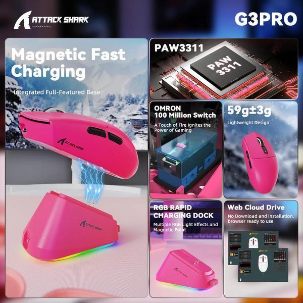 Геймерська акумуляторна бездротова (Bluetooth + 2,4G) миша Attack Shark G3 PRO, 6 кнопок, PAW3311, 25000DPI, Charge Dock, Червона/Berry Red (G3PROBR) G3PROBR фото