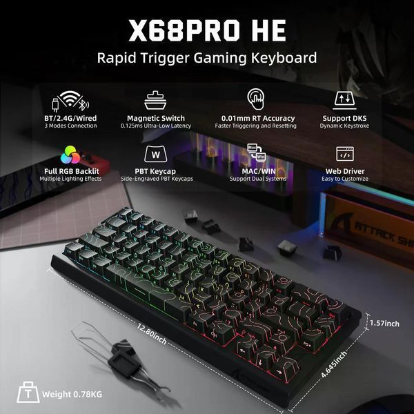 Механічна бездротова (Bluetooth + 2,4G) клавіатура на магнітних світчах Attack SHARK X68PRO HE Rapid Trigger, 8K, 68 key PBT, RGB, Win,Mac OS, УКР/АНГЛ, Black (X68PROHB) X68PROHB фото