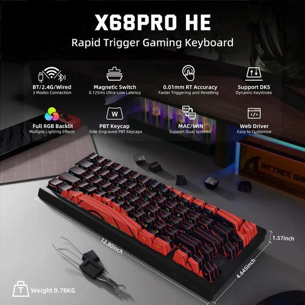 Механічна бездротова (Bluetooth + 2,4G) клавіатура на магнітних світчах Attack SHARK X68PRO HE Rapid Trigger, 8K, 68 key PBT, RGB, Win,Mac OS, УКР/АНГЛ, RED (X68PROHER) X68PROHER фото