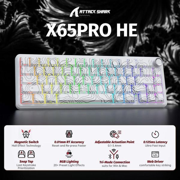 Механічна бездротова (Bluetooth + 2,4G) клавіатура з HOT SWAP Attack SHARK X65PRO HE Magnetic Switch Rapid Trigger, 8K, Металевий корпус, RGB, Win/Mac OS, УКР/АНГЛ, БІЛА/White (X65PROHEW) X65PROHEW фото